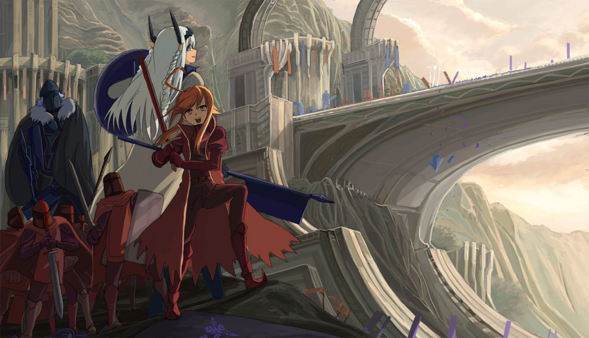 2girls ???_(artist) ahoge brown_hair hat highres holding holding_spear holding_sword holding_weapon knight long_hair looking_at_another looking_at_viewer multiple_girls open_mouth original pixiv_fantasia pixiv_fantasia_sword_regalia polearm red_eyes smile spear sword violet_eyes weapon white_hat