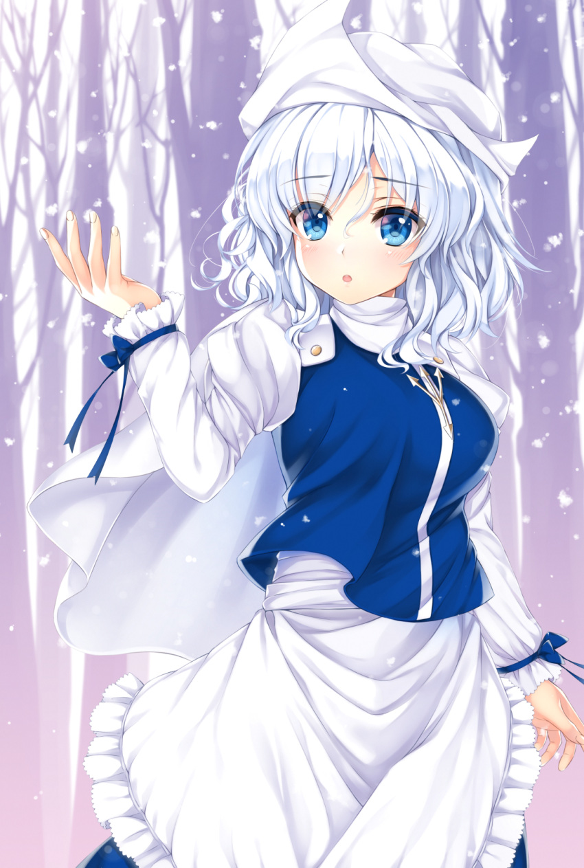 1girl apron blue_eyes blue_shirt breasts capelet forest hat highres juliet_sleeves kitou_kaitai letty_whiterock long_sleeves medium_breasts nature puffy_sleeves revision shirt short_hair silver_hair skirt skirt_set snowing solo touhou vest waist_apron white_hair white_hat white_sleeves
