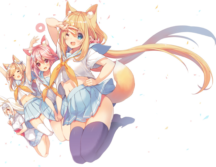 4girls ;d animal_ears arms_up bangs black_legwear blonde_hair blue_eyes blue_skirt breasts closed_eyes commentary_request confetti covering covering_crotch eating food fox_ears fox_tail hair_between_eyes hair_ornament hair_scrunchie hand_on_hip highres holding holding_food jumping legs_up long_hair medium_breasts midair midriff multiple_girls navel neckerchief one_eye_closed open_mouth original p19 pink_hair pleated_skirt popsicle rabbit_ears red_eyes round_teeth school_uniform scrunchie serafuku shirt shoes short_sleeves sidelocks skirt smile tail teeth thigh-highs twintails v v_arms very_long_hair white_background white_hair white_legwear white_shirt wing_collar x_hair_ornament yellow_neckerchief