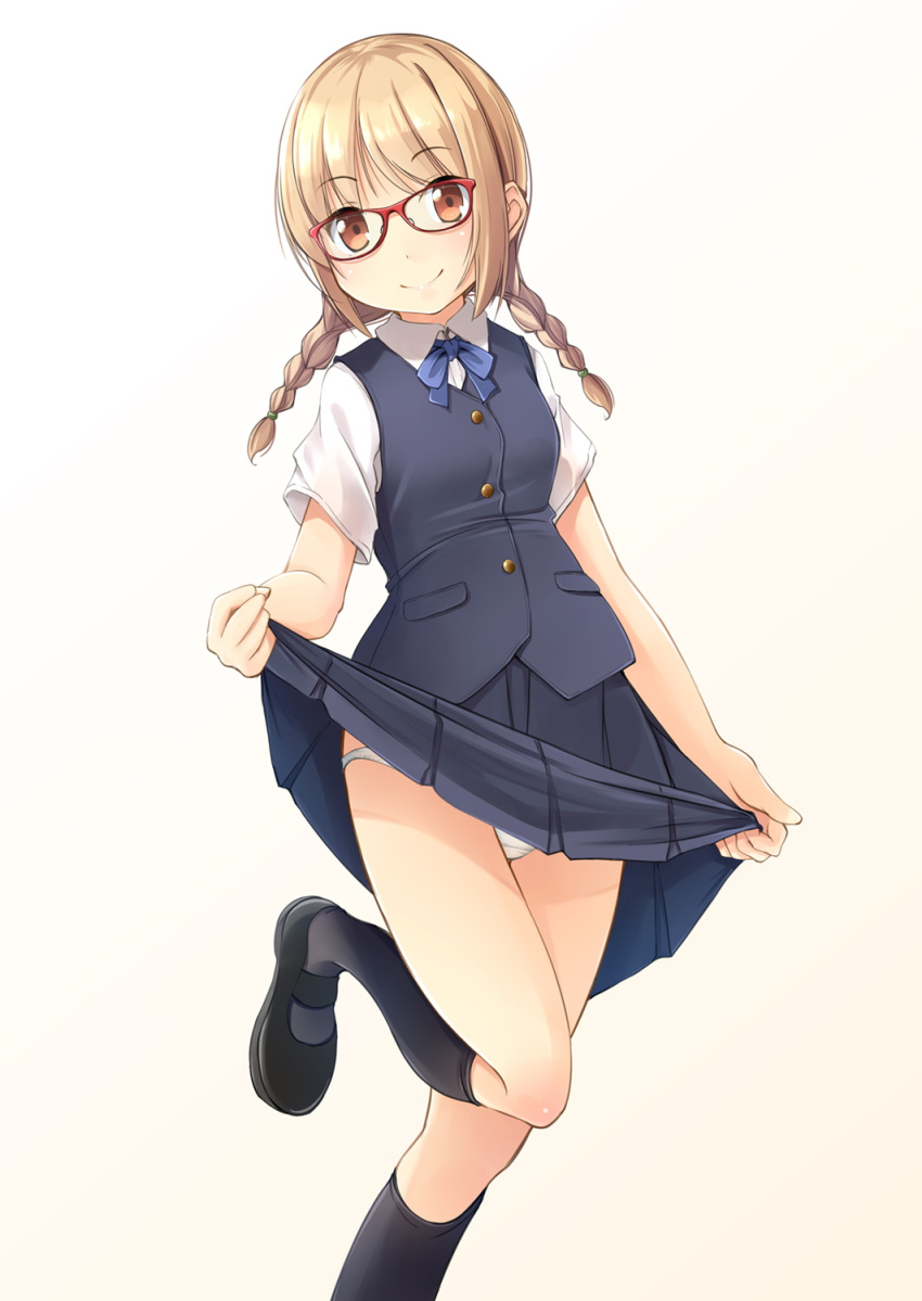1girl black_legwear black_shoes blonde_hair blue_bow blue_bowtie blue_skirt blue_vest bow bowtie braid collared_shirt commentary_request eyebrows_visible_through_hair glasses gradient gradient_background hair_tie highres kneehighs leaning_to_the_side long_hair looking_at_viewer low_twintails mary_janes orange_eyes original panties pleated_skirt red-framed_eyewear school_uniform shibacha_(shibacha_0728) shirt shoes short_sleeves skirt skirt_lift smile solo standing standing_on_one_leg twin_braids twintails underwear vest white_panties white_shirt