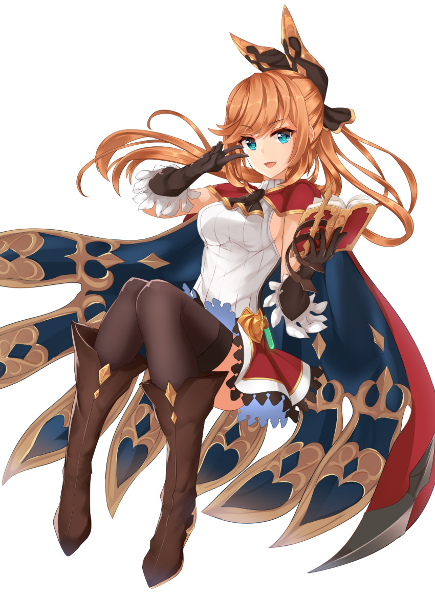 10s 1girl black_gloves blue_eyes book boots breasts brown_hair cape clarisse_(granblue_fantasy) full_body gloves granblue_fantasy highres isaya_(pixiv4541633) long_hair looking_at_viewer medium_breasts ponytail ribbed_sweater sideboob skirt smile solo sweater thigh-highs v white_background