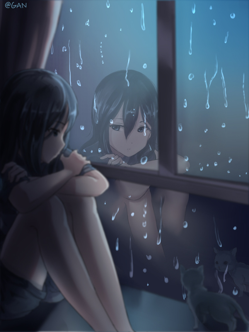 1girl arm_rest black_hair blue_eyes blurry cat crossed_arms depth_of_field expressionless gan_(gameupnow) highres indoors knees_to_chest looking_to_the_side night original rain reflection revision short_sleeves shorts sitting solo window