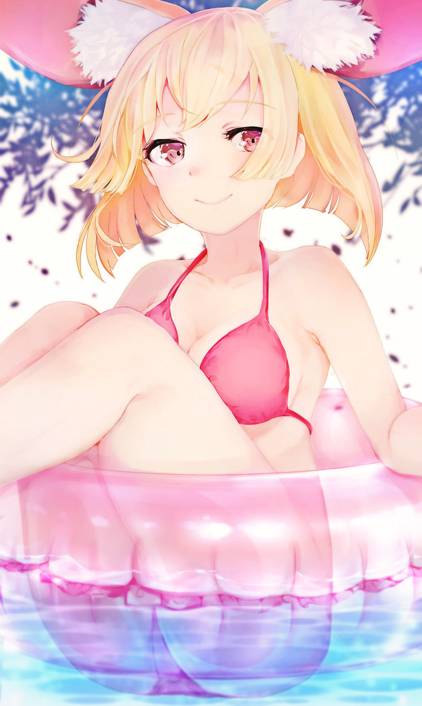 1girl absurdres ancolatte_(onikuanco) animal_ears blonde_hair blush breasts brown_eyes cleavage closed_mouth collarbone eyebrows_visible_through_hair fennec_(kemono_friends) fox_ears highres innertube kemono_friends large_breasts looking_at_viewer short_hair smile solo