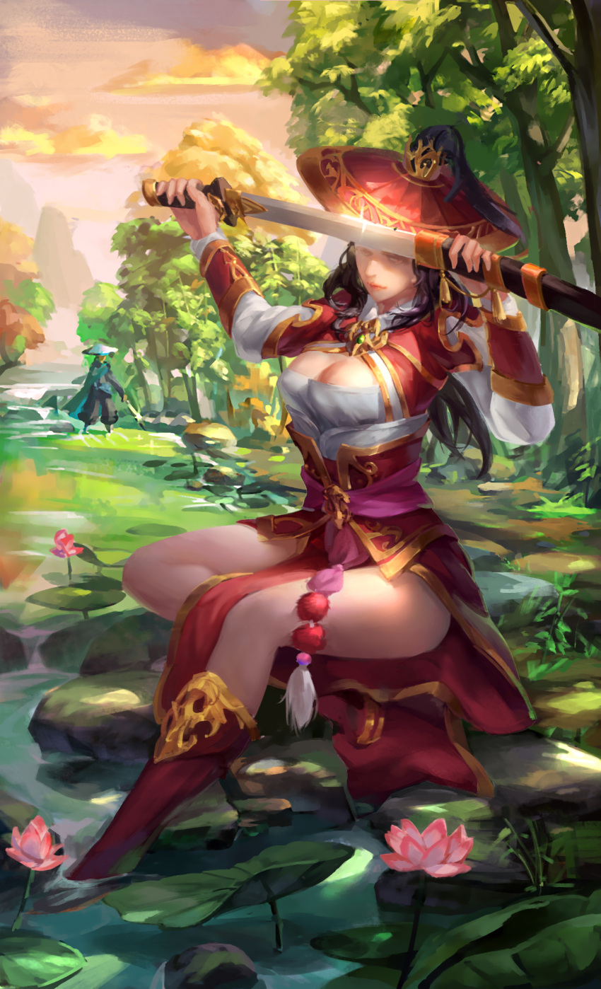 1boy 1girl black_hair boots breasts cleavage clouds glint hat highres katana lily_pad original outdoors polskash red_boots red_hat sheath sitting solo_focus sword tree water weapon