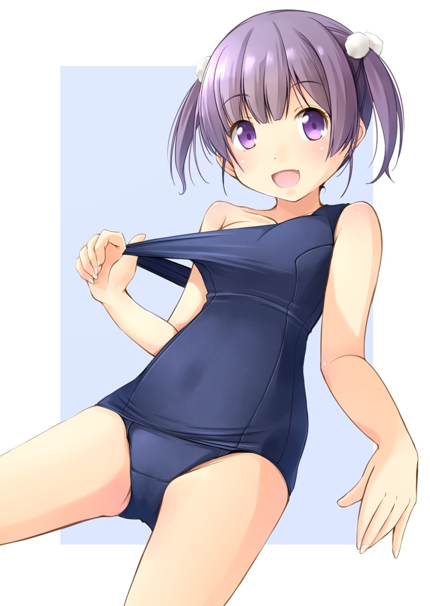 1girl :d bare_arms bare_shoulders blush breasts collarbone commentary_request cowboy_shot eyebrows_visible_through_hair fang fingernails from_below highres looking_at_viewer medium_breasts off_shoulder open_mouth original pom_pom_(clothes) pulled_by_self purple_hair school_swimsuit shibacha_(shibacha_0728) short_hair short_twintails smile swimsuit swimsuit_pull twintails violet_eyes
