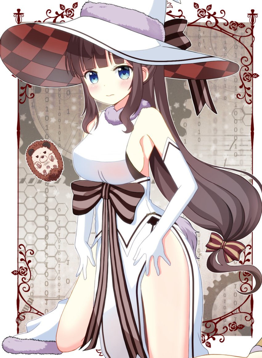 10s 1girl 3: animal bare_shoulders binary blue_eyes blush bow breasts brown_background brown_bow brown_hair closed_mouth commentary_request dress elbow_gloves eyebrows_visible_through_hair fur_collar fur_trim gloves hair_bow hands_on_own_legs hat hat_bow hedgehog highres kirara_fantasia kneeling large_breasts long_hair looking_at_viewer low-tied_long_hair new_game! pelvic_curtain revision ryoutan sidelocks sleeveless sleeveless_dress solo soujirou_(new_game!) striped striped_bow takimoto_hifumi very_long_hair wavy_mouth white_dress white_gloves white_hat witch_hat