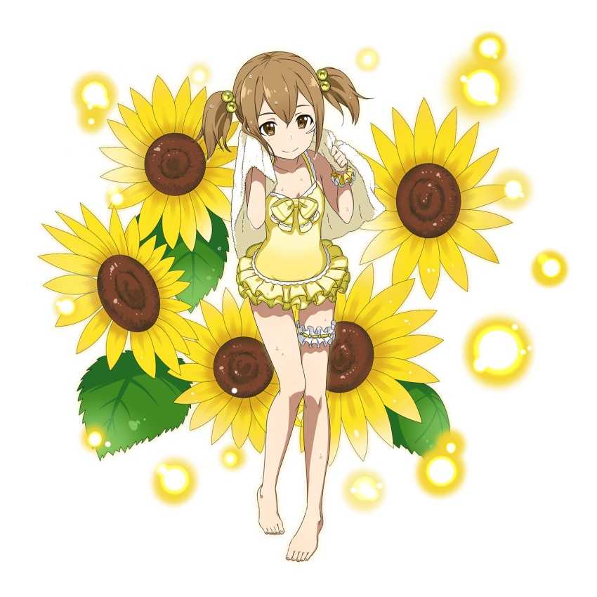 1girl barefoot breasts brown_eyes brown_hair cleavage collarbone flower full_body hair_between_eyes hair_bobbles hair_ornament highres holding_towel short_hair short_twintails silica small_breasts smile solo standing sunflower swimsuit sword_art_online thigh_strap transparent_background twintails wet yellow_flower yellow_swimsuit