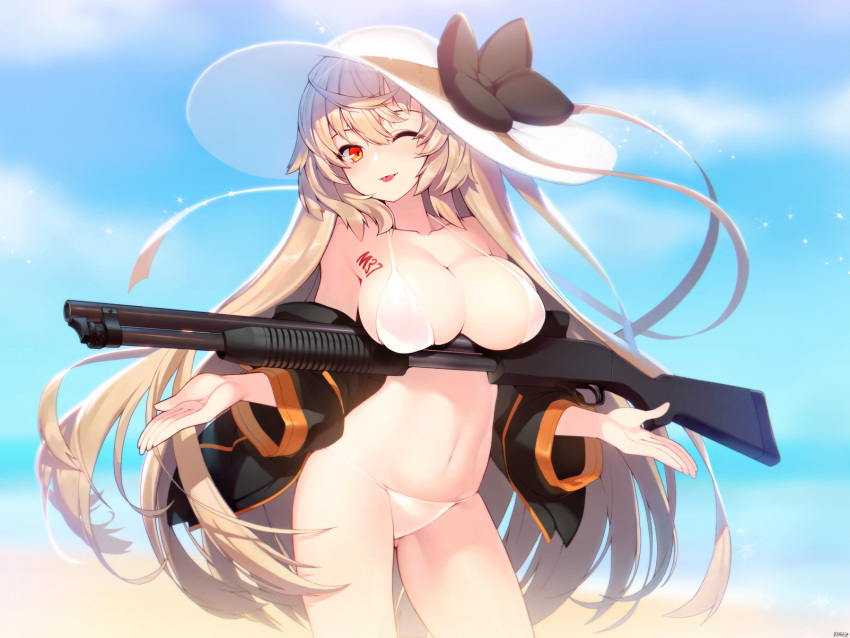 1girl bikini black_bow black_jacket blonde_hair bow breasts cleavage cowboy_shot day girls_frontline gun hat hat_bow highres holding holding_weapon ithaca_m37_(girls_frontline) jacket large_breasts long_hair looking_at_viewer navel one_eye_closed outdoors red_eyes rheez shotgun smile solo sparkle standing sun_hat sunlight swimsuit tongue tongue_out very_long_hair weapon white_bikini white_hat