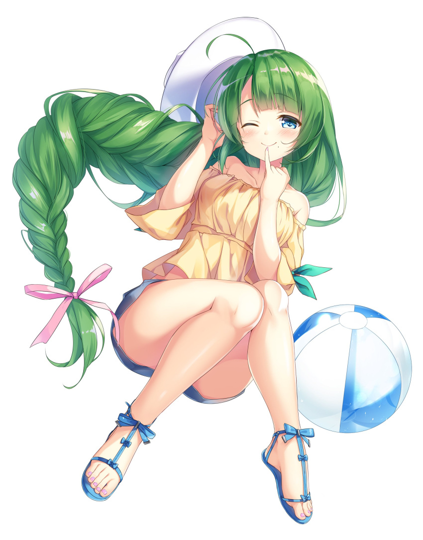 1girl ;) absurdres ahoge ball bare_shoulders beachball blue_eyes blush braid breasts eyebrows_visible_through_hair finger_to_mouth full_body green_hair hair_ribbon hat highres kantai_collection knees_together_feet_apart legs_up long_hair looking_at_viewer low-tied_long_hair mafuyun medium_breasts mole mole_under_mouth off-shoulder_shirt one_eye_closed pinky_out ribbon sandals shirt short_shorts shorts simple_background single_braid smile solo sun_hat toes very_long_hair white_background yuugumo_(kantai_collection)