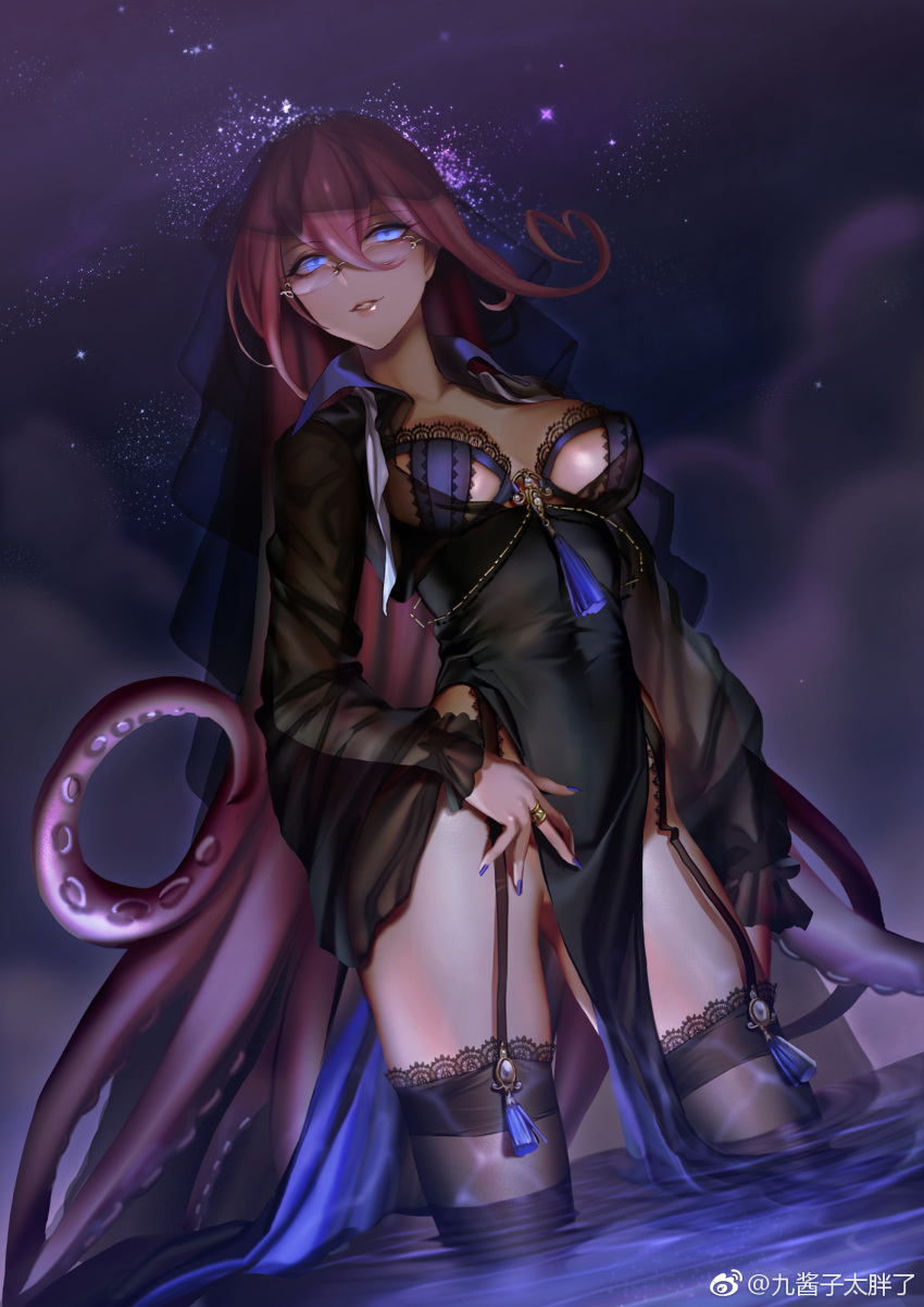 1girl artist_name black_dress black_legwear blue_bra blue_eyes bra clouds cloudy_sky covered_navel dress dutch_angle garter_straps glasses glowing glowing_eyes gluteal_fold hair_between_eyes heart_hair highres jewelry lace lace-trimmed_bra lace-trimmed_thighhighs long_hair long_sleeves nail_polish night no_panties noah_fantasy outdoors parted_lips pelvic_curtain pink_hair quuni revealing_clothes rimless_glasses ring see-through side_slit sky smile solo tentacle_hair thigh-highs underwear veil very_long_hair wading wide_sleeves