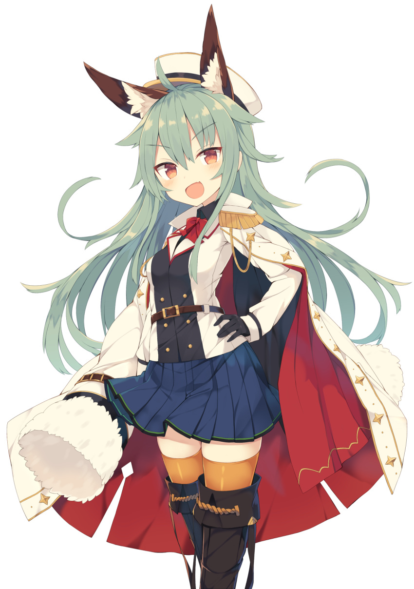 &gt;:d 1girl :d ahoge animal_ears belt belt_buckle black_gloves boots bow bowtie brown_eyes buckle coat commentary_request epaulettes eyebrows_visible_through_hair fang fur_trim gloves green_hair hair_flaps hand_on_hip hat highres jacket jacket_on_shoulders long_hair long_sleeves looking_at_viewer military military_uniform nibiiro_shizuka open_mouth original peaked_cap pleated_skirt red_bow red_bowtie revision simple_background skirt smile solo standing thigh-highs thigh_boots uniform white_background zettai_ryouiki