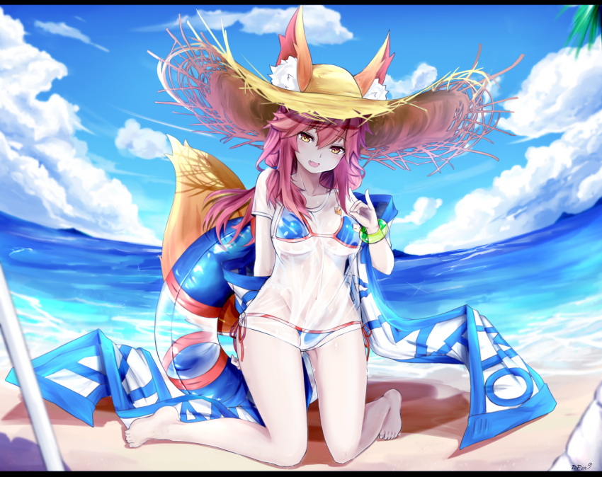 10s 1girl animal_ears bikini blue_bikini blush breasts cleavage collarbone commentary_request day dpea9 ears_through_headwear fang fate/extra fate/grand_order fate_(series) fox_ears fox_shadow_puppet fox_tail hat highres large_breasts long_hair looking_at_viewer navel ocean open_mouth outdoors pink_hair revision sitting solo swimsuit tail tamamo_(fate)_(all) tamamo_no_mae_(swimsuit_lancer)_(fate) wet wet_clothes yellow_eyes