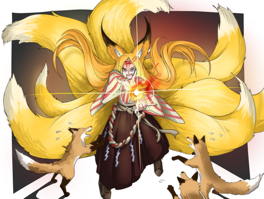 1girl anger_vein angry animal_ears commentary_request crying crying_with_eyes_open d:&lt; doitsuken fangs fire flame floating_hair flying_sweatdrops fox fox_ears fox_shadow_puppet fox_tail highres japanese_clothes kitsune long_hair looking_at_viewer magic multiple_tails open_mouth original pointing pointing_at_viewer red_eyes runny_nose shoes slit_pupils standing tail tears torii very_long_hair wide_sleeves worried