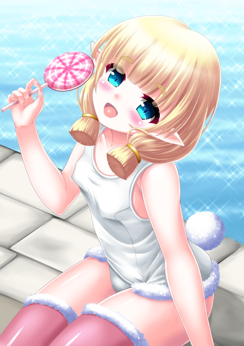 1girl bangs bare_arms bare_shoulders blonde_hair breasts brown_legwear candy collarbone commentary_request covered_nipples eyebrows_visible_through_hair food fur-trimmed_legwear fur-trimmed_swimsuit fur_trim hand_up highres holding holding_candy holding_food holding_lollipop iris_mysteria! kaze_makase lollipop old_school_swimsuit pointy_ears revision school_swimsuit short_eyebrows sitting small_breasts solo sparkle swimsuit tail thick_eyebrows thigh-highs water white_swimsuit