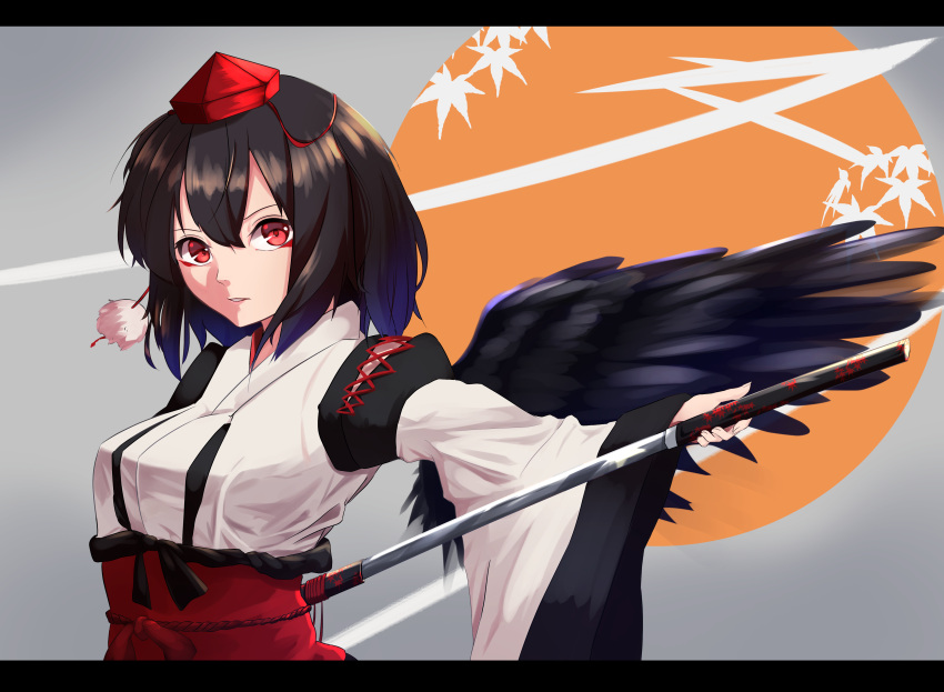 1girl absurdres bird_wings black_hair black_wings breasts hair_between_eyes hat highres holding holding_sword holding_weapon japanese_clothes katana kourindou_tengu_costume letterboxed long_sleeves looking_at_viewer medium_breasts obi parted_lips red_eyes sash shameimaru_aya sheath short_hair solo sword tokin_hat touhou unsheathing upper_body weapon wide_sleeves wings yusake_san