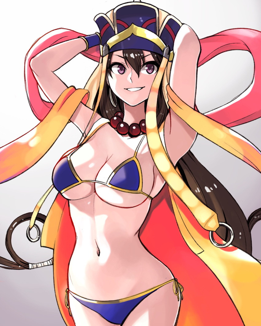 1girl absurdres arms_behind_head bead_necklace beads bikini black_hair blue_bikini breasts cape earrings fate/grand_order fate_(series) grin hat highres hoop_earrings jewelry large_breasts long_hair looking_at_viewer navel necklace onaka_(pixiv11820960) prayer_beads side-tie_bikini smile solo swimsuit very_long_hair violet_eyes xuanzang_(fate/grand_order)