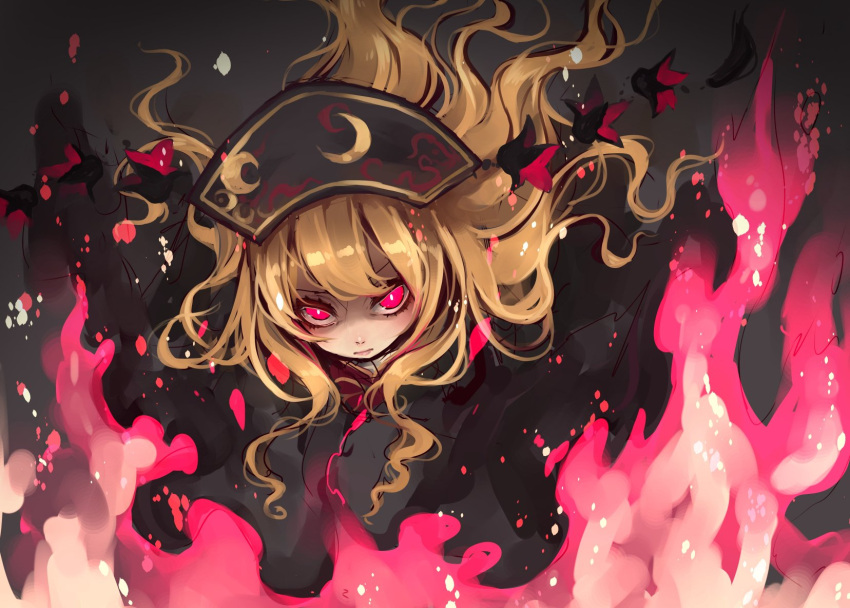 1girl black_dress black_hat blonde_hair crescent dress fire hat highres junko_(touhou) long_hair looking_at_viewer pink_eyes solo tabard tassel touhou toutenkou wavy_hair