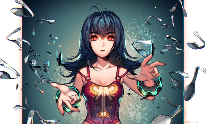 1girl black_hair bracelet breasts cleavage collarbone gym_leader hair_between_eyes jewelry kawacy long_hair looking_at_viewer medium_breasts natsume_(pokemon) parted_lips pokemon pokemon_(game) pokemon_hgss psychic red_eyes solo spoon standing upper_body