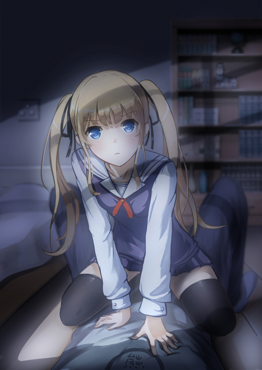 1boy 1girl absurdres bed bedroom black_legwear black_ribbon black_thighhighs blonde_hair blue_eyes blue_jacket blue_skirt breasts collarbone eyebrows_visible_through_hair girl_on_top hair_ribbon highres jacket long_hair looking_at_viewer miniskirt night ookuma_(qq) pleated_skirt pov ribbon saenai_heroine_no_sodatekata sawamura_spencer_eriri shirt sitting sitting_on_person skirt small_breasts thigh-highs thighhighs twintails white_shirt wooden_floor zettai_ryouiki