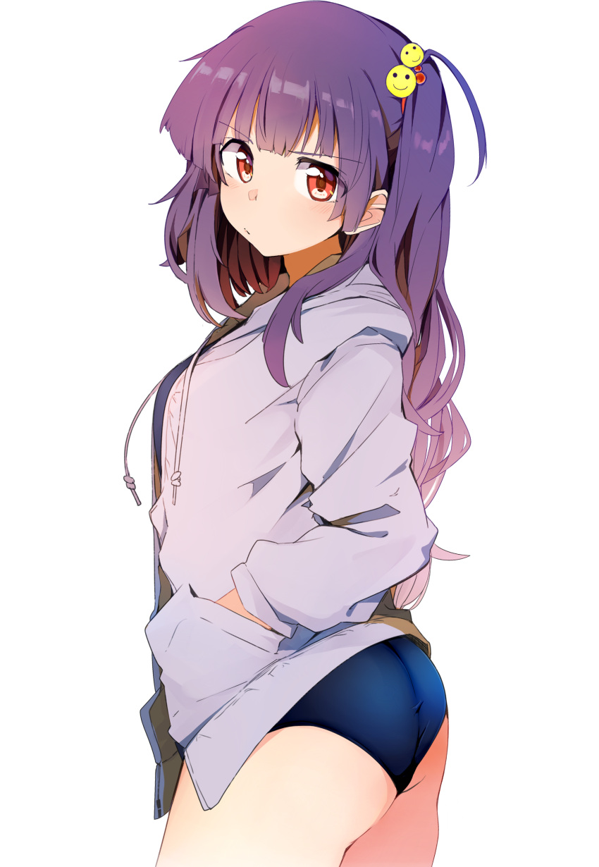 &gt;:/ 1girl :/ absurdres bangs blunt_bangs blush buruma closed_mouth commentary_request cowboy_shot from_side hair_ornament hand_in_pocket highres hood hoodie kazenoko long_hair long_sleeves looking_at_viewer looking_to_the_side one_side_up open_clothes open_hoodie original purple_hair red_eyes smiley_face solo