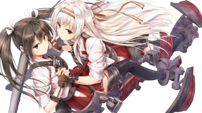 2girls black_legwear boots brown_eyes brown_gloves brown_hair closed_mouth fingerless_gloves flight_deck gloves grin hair_tie hairband hakama_skirt hand_holding headband highres hip_vent interlocked_fingers kantai_collection long_hair looking_at_viewer mecha_musume multiple_girls muneate panties partly_fingerless_gloves pleated_skirt ribbon ribbon-trimmed_skirt ribbon_trim shoukaku_(kantai_collection) side-tie_panties sidelocks simple_background single_glove skirt smile suien thigh-highs thigh_ribbon twintails underwear white_background white_hair yugake zuikaku_(kantai_collection)