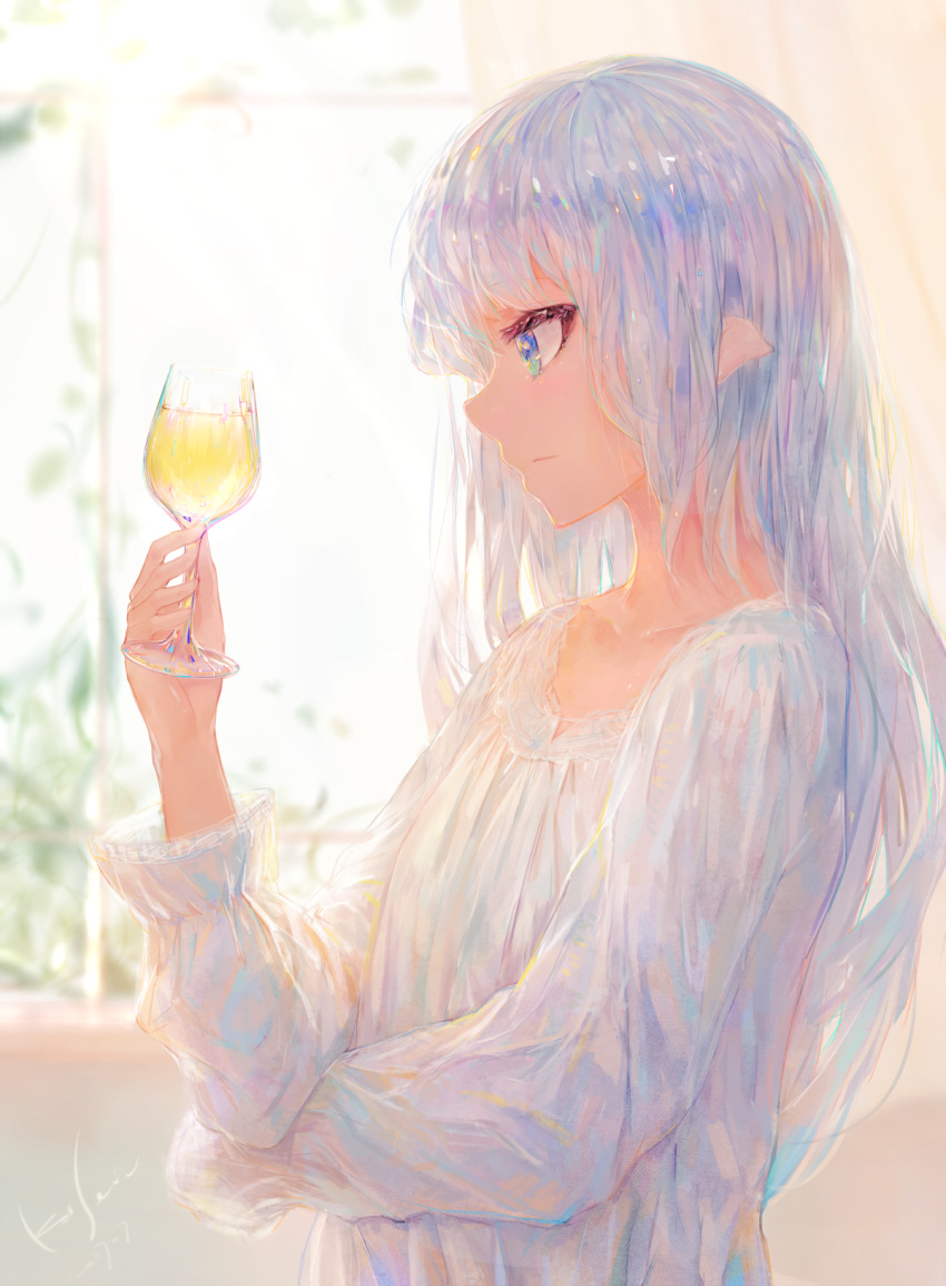 1girl alcohol bangs blue_eyes blurry collarbone colored_eyelashes cup depth_of_field dress drinking_glass elf from_side green_eyes hand_up highres holding_glass kisei2 long_hair long_sleeves multicolored multicolored_eyes multicolored_hair nose original plant pointy_ears profile purple_hair revision signature silver_hair solo upper_body vines white_dress window wine_glass yellow_eyes