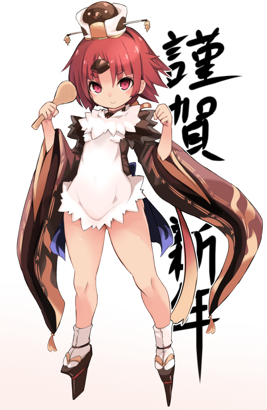 1girl apron bangs benienma_(fate/grand_order) black_footwear brown_hair brown_headwear brown_kimono closed_mouth commentary_request eyebrows_visible_through_hair fate/grand_order fate_(series) full_body hands_up hat highres holding holding_spoon japanese_clothes karukan_(monjya) kimono long_hair long_sleeves looking_at_viewer low_ponytail outline parted_bangs platform_footwear ponytail red_eyes revision simple_background smile solo spoon standing tabi thick_eyebrows translation_request very_long_hair white_apron white_background white_legwear white_outline wide_sleeves wooden_spoon