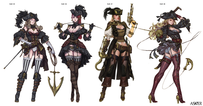 4girls anchor asker_online ass belt black_gloves black_skirt blue_eyes boots braid breasts brown_boots brown_hair cleavage concept_art copyright_name covered_eye earrings garter_straps gloves grappling_hook hat hat_feather high_heel_boots high_heels highres hook_hand jewelry knee_boots knife leg_belt long_hair looking_at_viewer medium_breasts multiple_girls navel pointing_sword pouch purple_legwear rapier redhead sheath sidelocks skirt standing steampunk striped striped_legwear sword thigh-highs thigh_strap tricorne twisted_torso underwear weapon white_gloves woo_kim