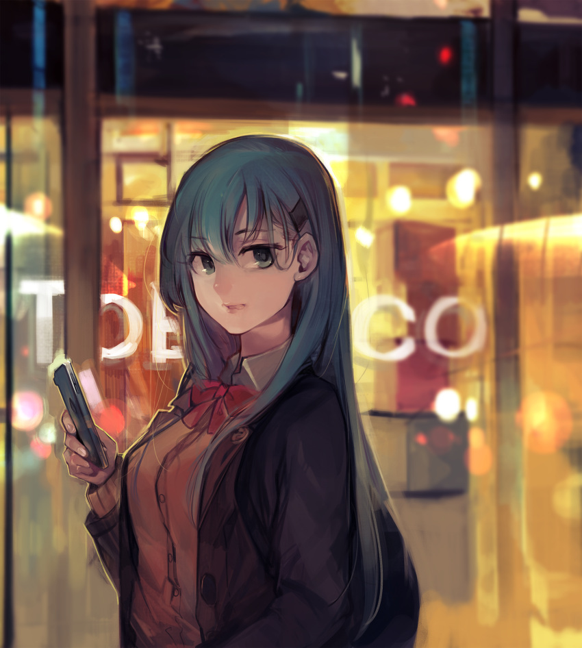 1girl :p aika_warazu aqua_eyes aqua_hair asymmetrical_bangs backlighting backpack bag bangs blazer blurry blurry_background blush bow bowtie breasts brown_jacket cellphone commentary hair_ornament hairclip highres jacket kantai_collection long_hair long_sleeves looking_at_viewer medium_breasts night open_clothes open_jacket outdoors parted_lips phone red_bow red_bowtie remodel_(kantai_collection) school_uniform solo storefront straight_hair suzuya_(kantai_collection) tongue tongue_out tsurime