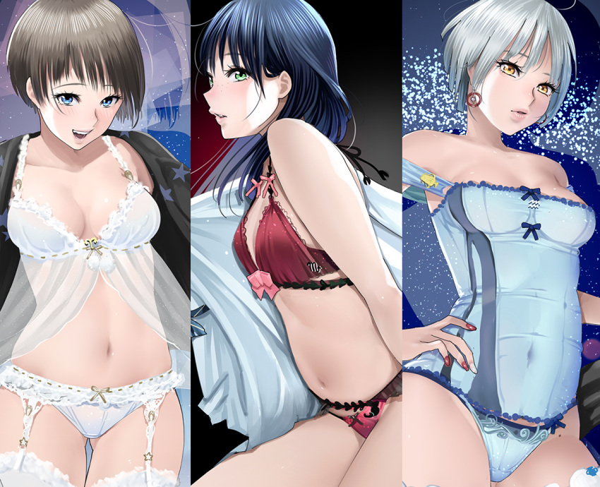 3girls babydoll bangs bare_shoulders blue_eyes blue_hair blue_panties blush bra breasts brown_eyes brown_hair corset earrings garter_belt garter_straps green_eyes hand_on_hip jewelry lace lace-trimmed_bra lingerie lips long_hair looking_at_viewer medium_breasts multiple_girls nail_polish navel open_mouth original panties pao_(otomogohan) pink_panties red_bra red_nails short_hair silver_hair small_breasts smile thighs underwear white_panties