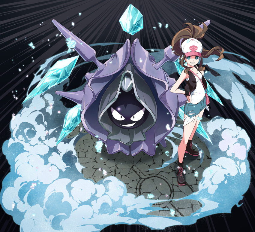 1girl :d absurdres artist_request bare_shoulders baseball_cap blue_eyes boots brown_hair cloyster denim denim_shorts female full_body hand_on_hip hat highres ice icicle looking_at_viewer open_mouth pokemon pokemon_(creature) pokemon_(game) pokemon_bw ponytail shorts smile smoke standing tank_top touko_(pokemon) vest wristband