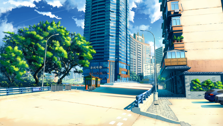 balcony blue_sky booth building car city clouds cloudy_sky commentary_request day grass ground_vehicle highres lamppost motor_vehicle no_humans outdoors plant railing road scenery sky skyscraper street tree window xingyue_ling