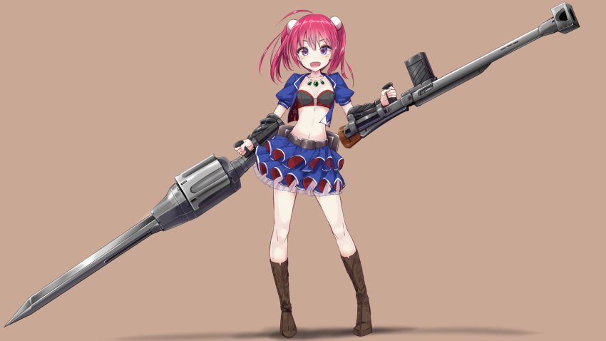 &gt;:d 1girl :d ahoge belt blue_skirt blush boots breasts brown_background brown_boots collarbone crop_top dual_wielding eyebrows_visible_through_hair gun gunblade hair_between_eyes heavens_thunder_(byakuya-part2) highres holding holding_gun holding_weapon jewelry knee_boots looking_at_viewer medium_breasts navel necklace open_mouth original puffy_short_sleeves puffy_sleeves redhead shadow short_sleeves skirt smile solo standing star star_print twintails violet_eyes weapon