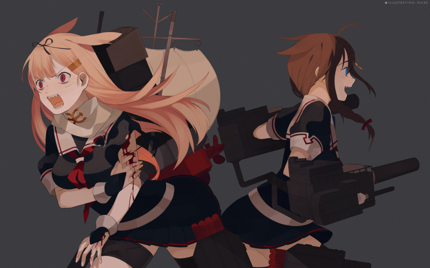 black_serafuku black_skirt bleeding blonde_hair blood braid brown_hair eules fingerless_gloves gloves hair_flaps hair_ornament hair_ribbon highres injury kantai_collection pleated_skirt remodel_(kantai_collection) ribbon scarf school_uniform serafuku shigure_(kantai_collection) skirt white_scarf yuudachi_(kantai_collection)