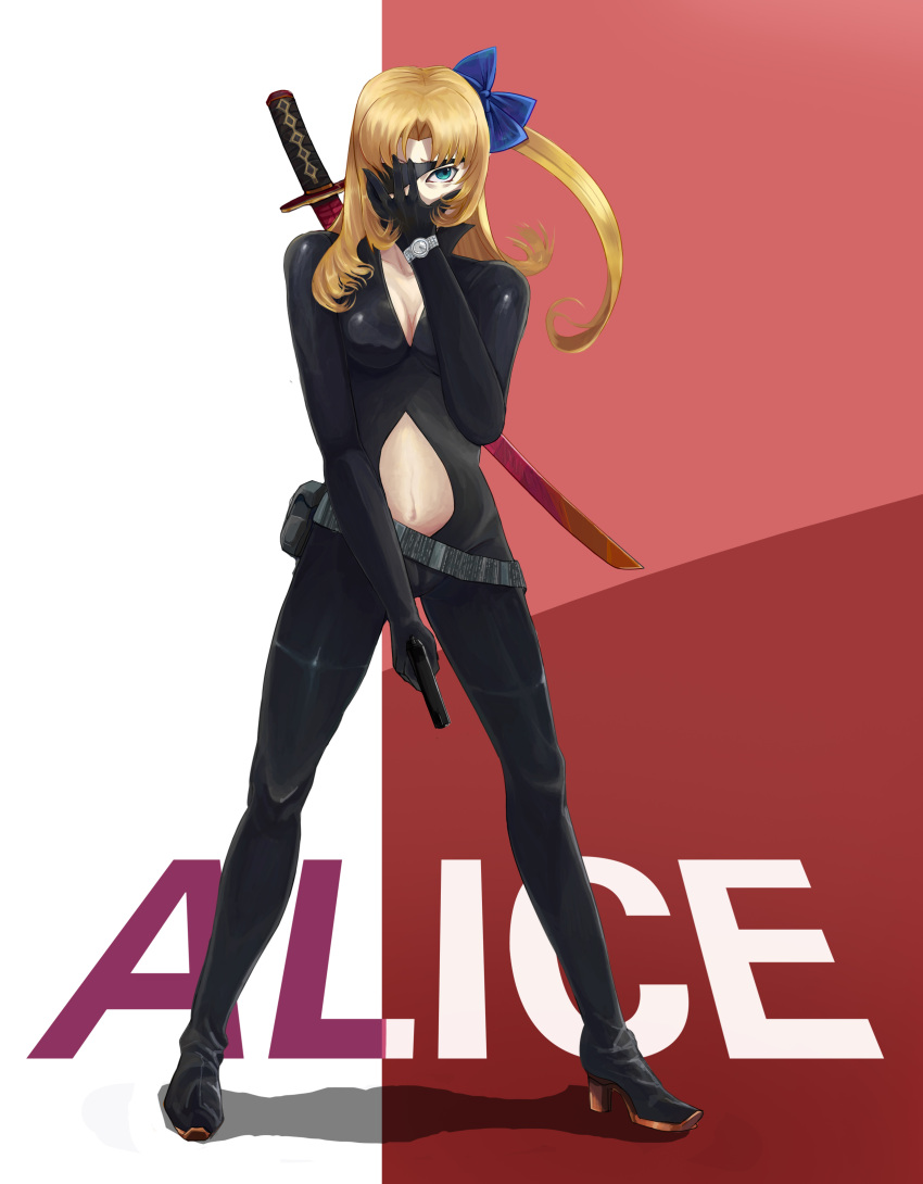1girl ???_(artist) absurdres bandage blonde_hair blue_bow boots bow breasts cleavage eyepatch full_body green_eyes gun hair_bow handgun high_heel_boots high_heels highres holding holding_gun holding_weapon large_breasts long_hair looking_at_viewer navel original pistol solo sword sword_on_back weapon