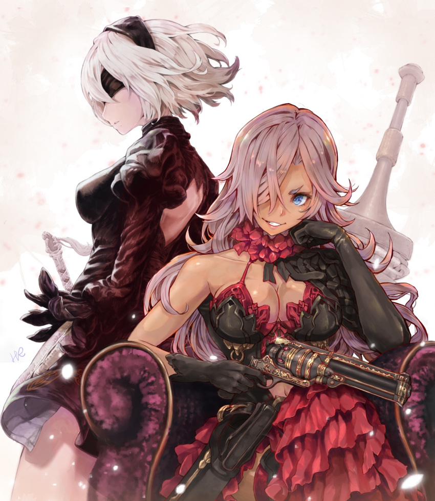 1girl 2girls :d arm_at_side armor armored_dress artist_name ass back_cutout bangs black_dress black_gloves black_hairband black_legwear blindfold blue_eyes breasts broadsword chains chair chin_rest cinderella_(sinoalice) cleavage collarbone commentary_request covered_eyes cowboy_shot dark_skin detached_collar dress elbow_gloves eyelashes finger_on_trigger frills from_behind from_side gloves grin gun hair_over_one_eye hairband high_heels highres holding holding_gun holding_weapon hoshizaki_reita huge_weapon juliet_sleeves katana large_breasts lips long_hair long_sleeves looking_at_viewer medium_breasts mole mole_under_mouth multicolored multicolored_clothes multicolored_gloves multiple_girls navel nier_(series) nier_automata open-back_dress open_mouth parted_lips patterned_clothing petals pink_lips puffy_sleeves shiny shiny_skin short_dress short_eyebrows short_hair side_slit silver_hair sinoalice sitting skindentation skirt smile smirk solo standing sword tassel teeth thigh-highs thighs turtleneck vambraces weapon white_gloves white_hair yorha_no._2_type_b