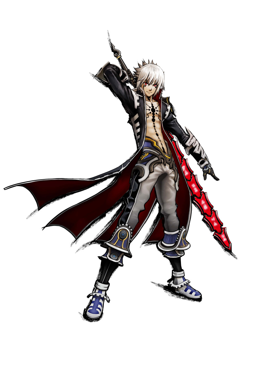 .hack// .hack//g.u. .hack//g.u._last_recode 1boy absurdres alternate_costume full_body haseo_(.hack//) highres jacket looking_at_viewer navel official_art shirtless silver_hair simple_background solo spiky_hair stomach sword tattoo weapon weapon_on_back