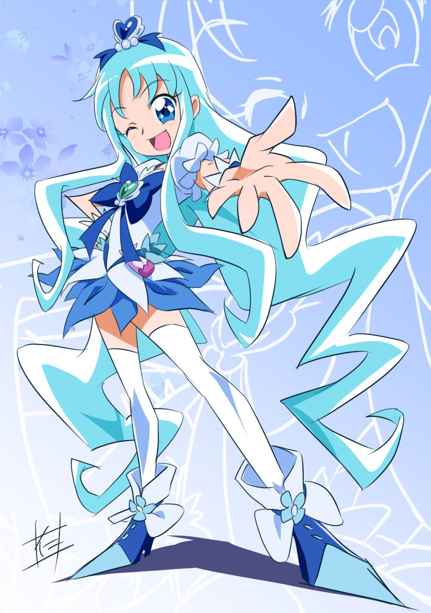 1girl ;d blue blue_background blue_bow blue_eyes blue_hair blue_skirt bow brooch cure_marine female hair_ornament hand_on_hip heart_hair_ornament heartcatch_precure! highres jewelry kurumi_erika long_hair looking_at_viewer magical_girl nii_manabu official_style one_eye_closed open_mouth outstretched_hand precure shoes sidelocks signature skirt smile solo standing thigh-highs white_legwear zoom_layer