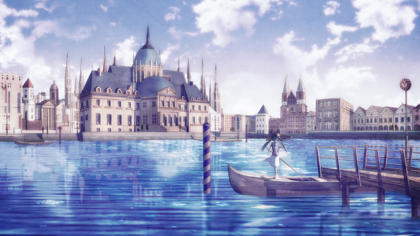 1girl brown_hair building canal city clock day from_behind full_body gondola hat highres oar original outdoors pier pole revision roman_numerals shirt short_hair skirt solo_focus standing striped striped_shirt syiori twintails water white_skirt