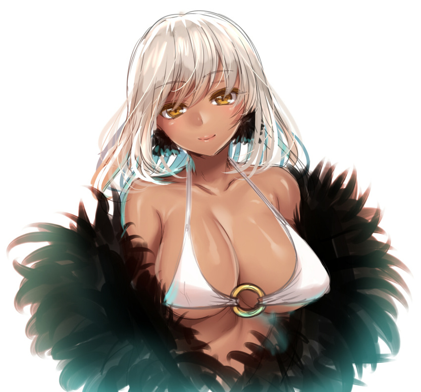 1girl bikini blush breasts closed_mouth dark_skin fur_trim highres kanzaki_maguro large_breasts looking_at_viewer muginami o-ring o-ring_top original revision short_hair simple_background sketch smile solo swimsuit white_background white_bikini white_bikini_top white_hair