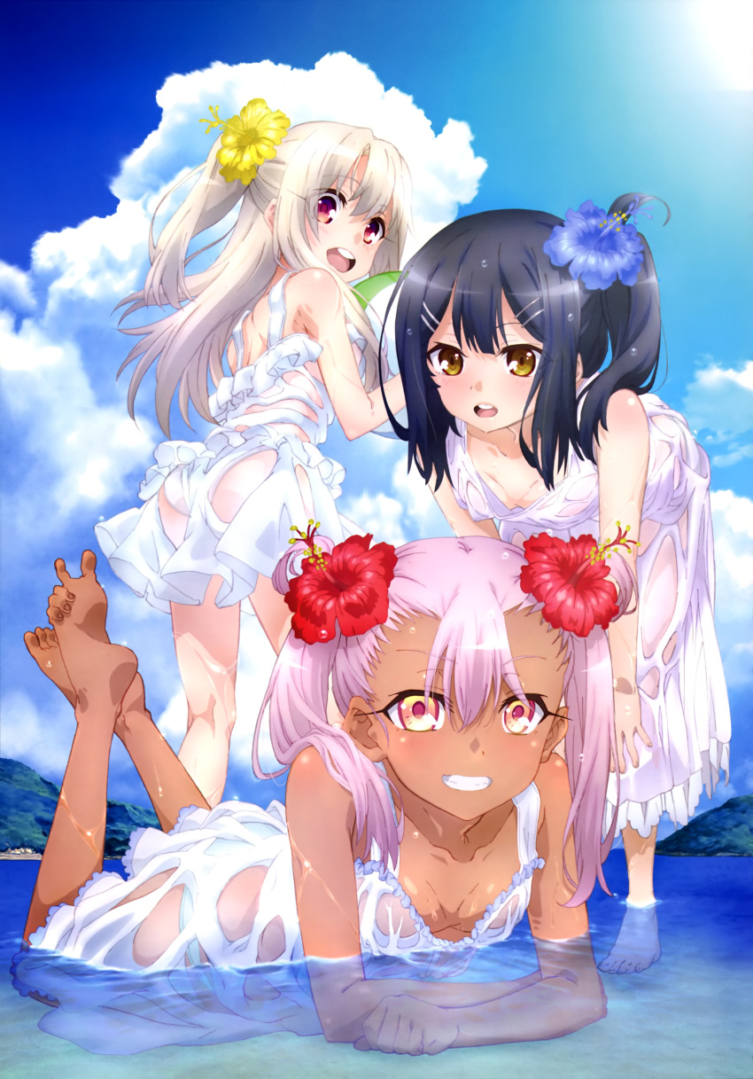 3girls absurdres alternate_hairstyle artist_request ass barefoot black_hair blue_sky blush breasts chloe_von_einzbern clouds collarbone dark_skin day dress eyebrows_visible_through_hair eyes_visible_through_hair fate/kaleid_liner_prisma_illya fate_(series) feet flower grin hair_between_eyes hair_flower hair_ornament highres illyasviel_von_einzbern long_hair looking_at_viewer lying miyu_edelfelt multiple_girls no_bra official_art on_stomach open_mouth outdoors panties partially_submerged red_eyes round_teeth see-through side_ponytail sky small_breasts smile soles spread_toes teeth toes twintails underwear water wet wet_clothes white_dress white_panties yellow_eyes