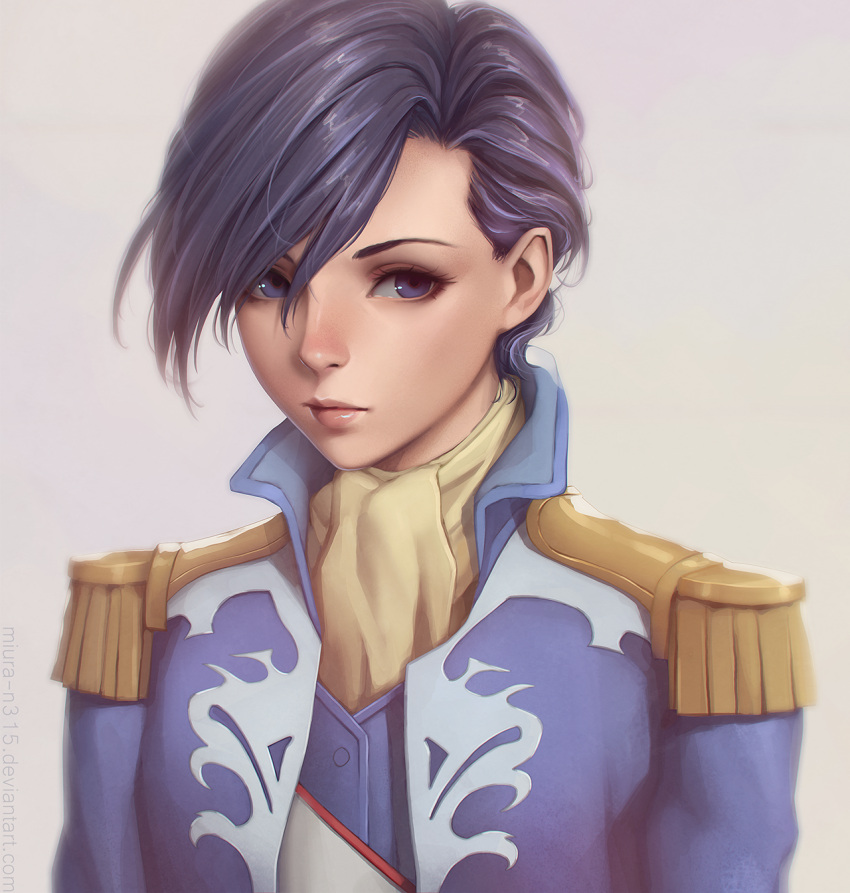 1girl androgynous artist_name blue_eyes blue_hair closed_mouth commentary cravat epaulettes expressionless eyelashes gundam gundam_wing hair_over_one_eye highres lips lipstick looking_at_viewer lucrezia_noin makeup military military_uniform miura-n315 nose short_hair solo uniform