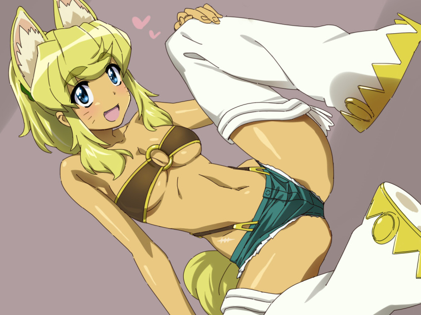 1girl animal_ears bangs bare_shoulders blonde_hair blue_eyes blush breasts cleavage collarbone denim denim_shorts eyebrows_visible_through_hair fang hand_on_own_knee heart hips liru long_hair looking_at_viewer medium_breasts navel o-ring_top open_mouth ponytail renkin_san-kyuu_magical_pokaan scar short_shorts shorts simple_background smile solo stitches suspender_shorts suspenders swept_bangs tail thighs tonbi whisker_markings wolf_ears wolf_girl wolf_tail
