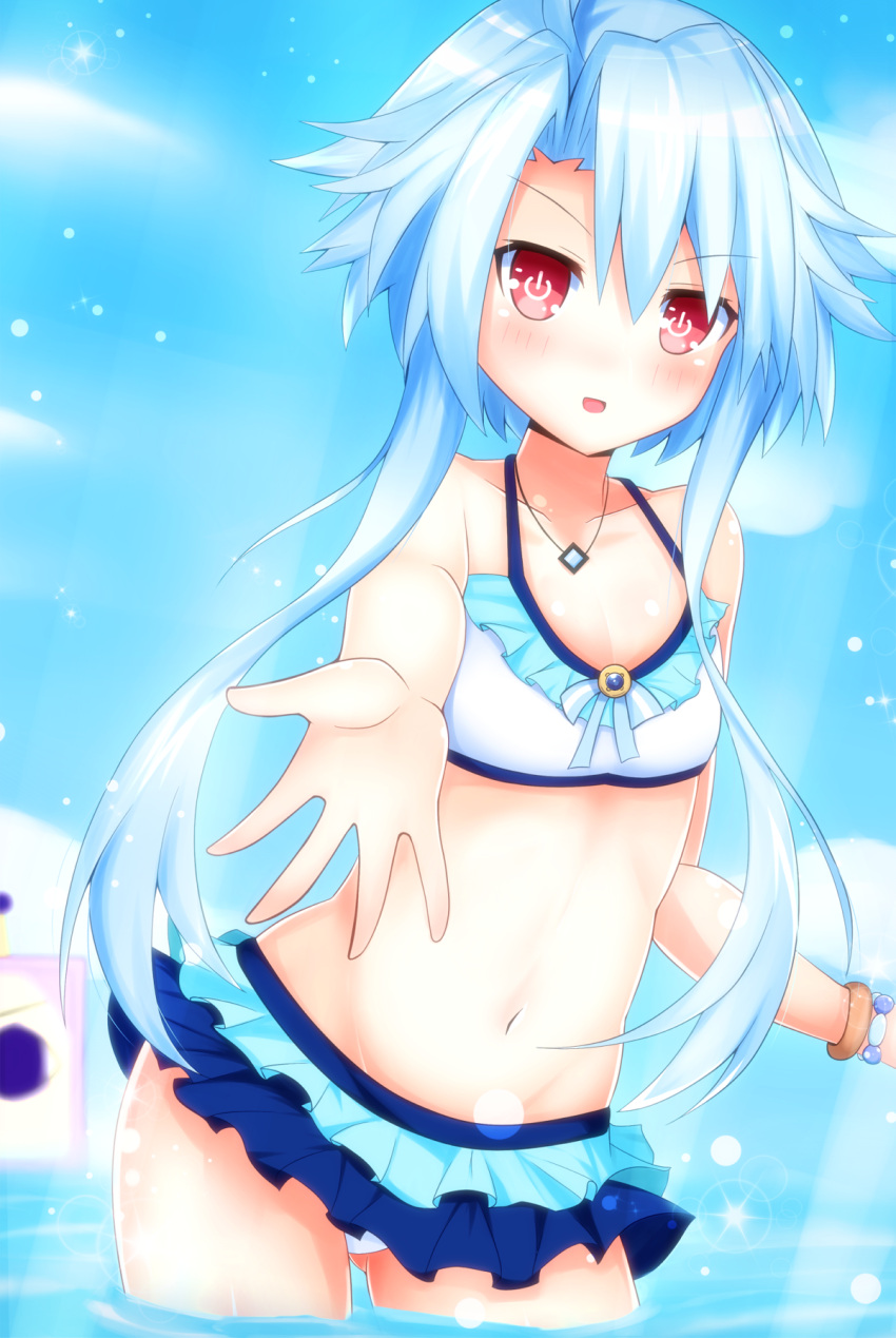 1girl ahoge bikini blue_hair blush frills highres looking_at_viewer navel neptune_(series) outstretched_hand power_symbol red_eyes shironeko_haru short_hair short_hair_with_long_locks solo swimsuit symbol-shaped_pupils white_bikini white_heart