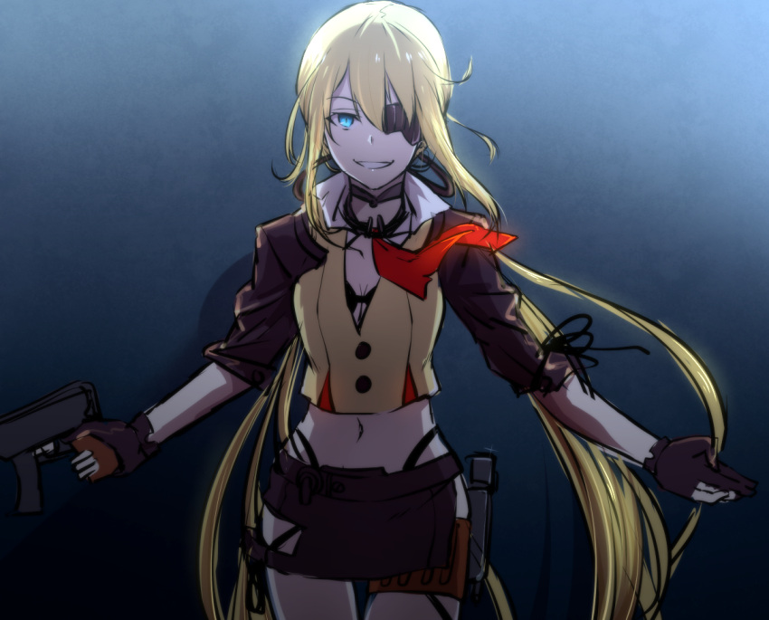 1girl bangs black_bikini_top black_gloves black_skirt blue_eyes collared_shirt cowboy_shot eyepatch girls_frontline gloves gun hair_between_eyes long_hair looking_at_viewer low_twintails machine_pistol midriff navel outstretched_arms parted_lips partly_fingerless_gloves popped_collar shirt side_slit sidelocks skirt skorpion_vz._61 sleeves_rolled_up smile solo submachine_gun trigger_discipline tsurime twintails very_long_hair vz.61_(girls_frontline) weapon white_shirt xiu_jiayihuizi