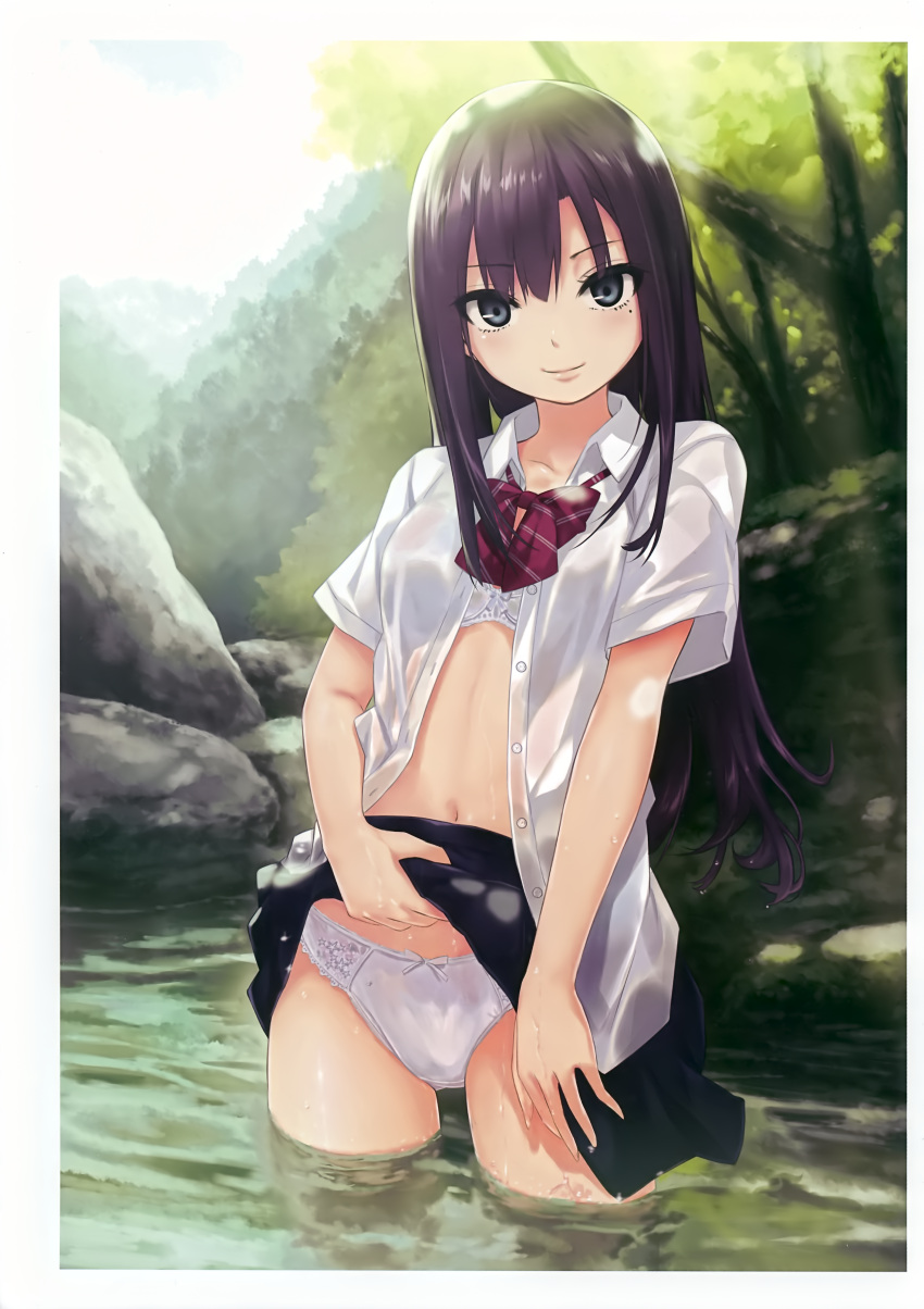 1girl absurdres blue_eyes bow bow_panties bowtie bra closed_mouth coffee-kizoku highres long_hair looking_at_viewer mole mole_under_eye outdoors panties purple_hair scan school_uniform see-through shirt sidelocks skirt skirt_lift smile solo underwear wading wet wet_clothes wet_hair wet_shirt white_panties