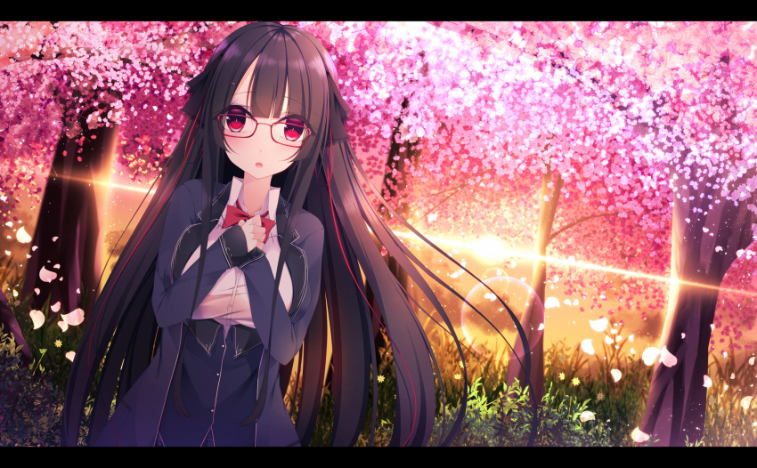 1girl blush bow breasts brown_hair cherry_blossoms eyebrows_visible_through_hair glasses highres large_breasts letterboxed long_hair long_sleeves looking_at_viewer original parted_lips red_bow sleeves_past_wrists solo tree upper_body yoaferia