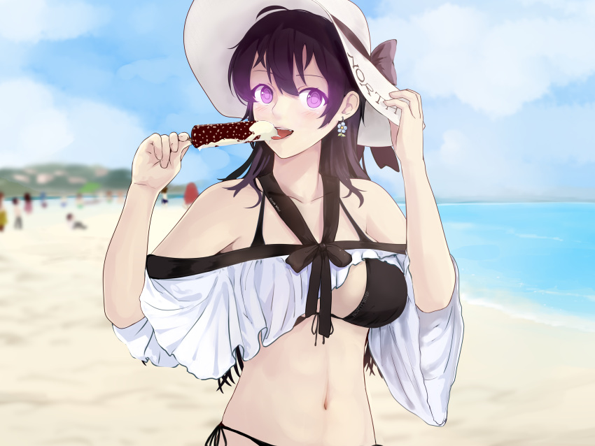 1girl absurdres beach beifeng_han bikini black_bikini black_hair blue_sky breasts chocolate_banana clouds earrings hat highres jewelry licking miyaura_sanshio navel original side-tie_bikini sky swimsuit violet_eyes