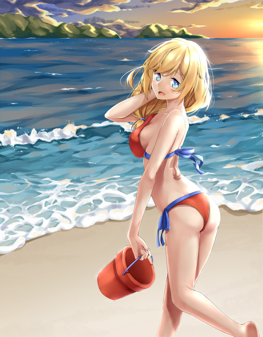 1girl absurdres ass barefoot beach bikini blonde_hair blue_eyes breasts bucket cleavage clouds covered_navel cyta_celest day from_behind heart heart-shaped_pupils highres holding_bucket looking_at_viewer looking_back low_ponytail mountain multicolored multicolored_bikini multicolored_clothes one_leg_raised open_mouth outdoors red_bikini rodney_(zhan_jian_shao_nyu) shadow short_ponytail side_ponytail sideboob sky smile solo strapless strapless_bikini sunlight swimsuit symbol-shaped_pupils waves zhan_jian_shao_nyu