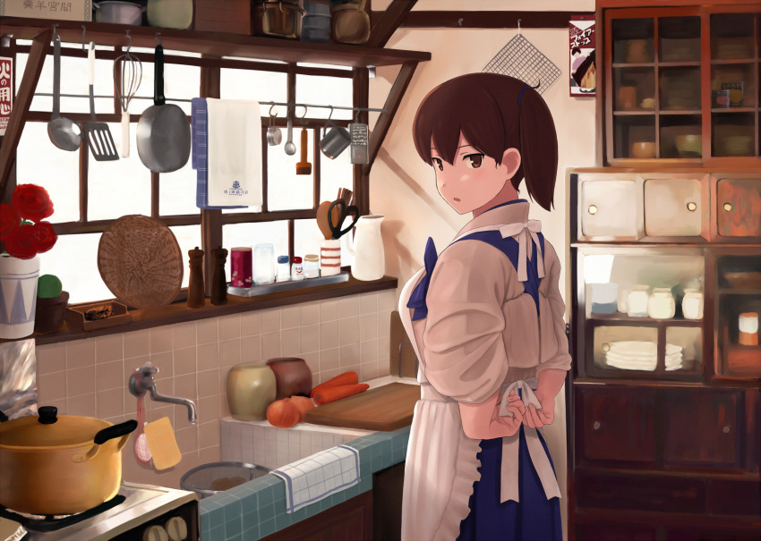 1girl brown_hair commentary_request cowboy_shot from_behind fuyube_gin_(huyube) highres kaga_(kantai_collection) kantai_collection kappougi kitchen looking_at_viewer side_ponytail solo tying